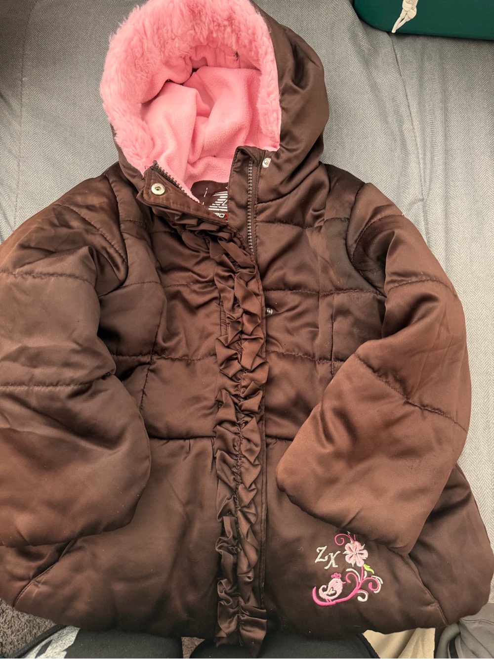 ZeroXposur Brown Puffer Jacket with Pink Faux-Fur Hood